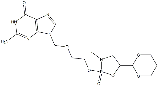 2-Amino-9-[[2-[[5-(1,3-dithian-2-yl)-3-methyl-1,3,2-oxazaphospholidine 2-oxide]-2-yloxy]ethoxy]methyl]-9H-purin-6(1H)-one Struktur