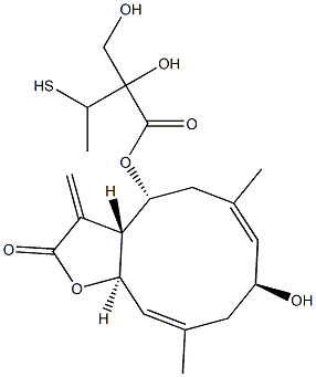 (3aR,4R,6E,8S,10E,11aR)-3a,4,5,8,9,11a-Hexahydro-4-[2-hydroxy-2-(hydroxymethyl)-3-mercaptobutyryloxy]-6,10-dimethyl-3-methylene-8-hydroxycyclodeca[b]furan-2(3H)-one Struktur