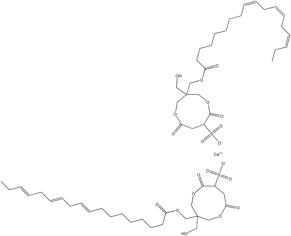 Bis[1-[[[(9Z,12Z,15Z)-1-oxo-9,12,15-octadecatrien-1-yl]oxy]methyl]-1-(hydroxymethyl)-4,7-dioxo-3,8-dioxacyclononane-6-sulfonic acid]calcium salt Struktur