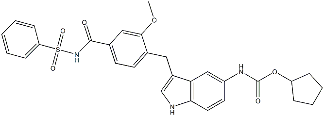 4-[5-(Cyclopentyloxycarbonylamino)-1H-indol-3-ylmethyl]-3-methoxy-N-(phenylsulfonyl)benzamide Struktur