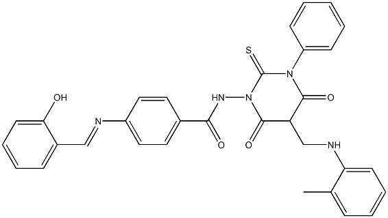 4-(2-Hydroxybenzylideneamino)-N-[[hexahydro-4,6-dioxo-2-thioxo-3-(phenyl)-5-(2-methylphenylaminomethyl)pyrimidin]-1-yl]benzamide Struktur