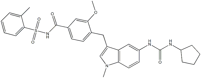 4-[5-(3-Cyclopentylureido)-1-methyl-1H-indol-3-ylmethyl]-3-methoxy-N-(2-methylphenylsulfonyl)benzamide Struktur