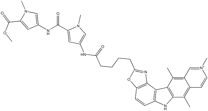 7,10,12-Trimethyl-2-[4-[[5-[[1-methyl-5-(methoxycarbonyl)-1H-pyrrol-3-yl]aminocarbonyl]-1-methyl-1H-pyrrol-3-yl]aminocarbonyl]butyl]-6H-oxazolo[4,5-g]pyrido[4,3-b]carbazol-10-ium Struktur