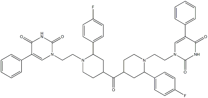 4-Fluorophenyl[1-[2-[(2,6-dioxo-5-phenyl-1,2,3,6-tetrahydropyrimidin)-3-yl]ethyl]piperidin-4-yl] ketone Struktur