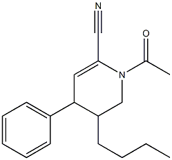 3-Butyl-1-acetyl-1,2,3,4-tetrahydro-4-phenylpyridine-6-carbonitrile Struktur