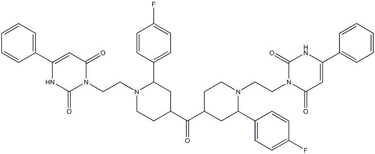 4-Fluorophenyl[1-[2-[(2,6-dioxo-4-phenyl-1,2,3,6-tetrahydropyrimidin)-1-yl]ethyl]piperidin-4-yl] ketone Struktur