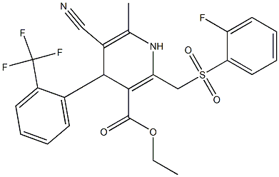 5-Cyano-1,4-dihydro-6-methyl-2-[(2-fluorophenylsulfonyl)methyl]-4-(2-trifluoromethylphenyl)pyridine-3-carboxylic acid ethyl ester Struktur