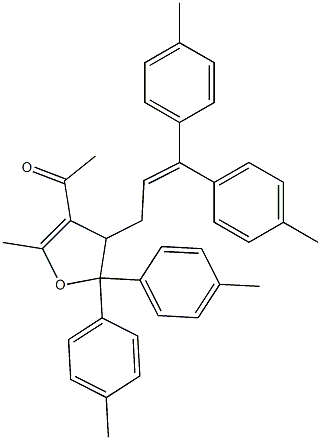 4,5-Dihydro-3-acetyl-2-methyl-4-[3,3-bis(4-methylphenyl)-2-propenyl]-5,5-bis(4-methylphenyl)furan Struktur