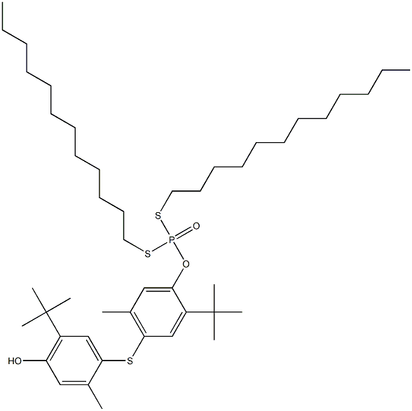 Dithiophosphoric acid O-[2-tert-butyl-5-methyl-4-(2-methyl-5-tert-butyl-4-hydroxyphenylthio)phenyl]S,S-didodecyl ester Struktur