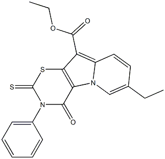 3,4-Dihydro-4-oxo-2-thioxo-7-ethyl-3-phenyl-2H-1,3-thiazino[6,5-b]indolizine-10-carboxylic acid ethyl ester Struktur