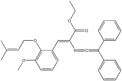 (Z)-2-[[2-(Phenyl)-2-phenylethenylidene]amino]-3-[3-methoxy-2-[(3-methyl-2-butenyl)oxy]phenyl]acrylic acid ethyl ester Struktur