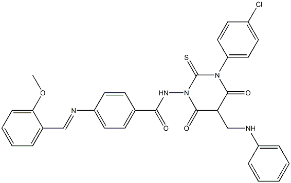 4-(2-Methoxybenzylideneamino)-N-[[hexahydro-4,6-dioxo-2-thioxo-3-(4-chlorophenyl)-5-(phenylaminomethyl)pyrimidin]-1-yl]benzamide Struktur