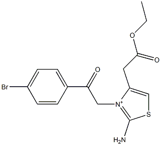 2-Amino-4-(ethoxycarbonylmethyl)-3-[(4-bromophenyl)carbonylmethyl]thiazol-3-ium Struktur