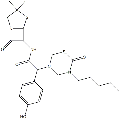 7-Oxo-3,3-dimethyl-6-[[[(tetrahydro-2-thioxo-3-pentyl-2H-1,3,5-thiadiazin)-5-yl](4-hydroxyphenyl)acetyl]amino]-4-thia-1-azabicyclo[3.2.0]heptane Struktur