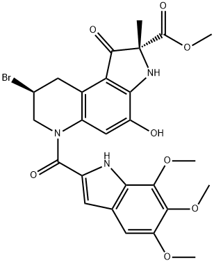 1H-Pyrrolo3,2-fquinoline-2-carboxylic acid, 8-bromo-2,3,6,7,8,9-hexahydro-4-hydroxy-2-methyl-1-oxo-6-(5,6,7-trimethoxy-1H-indol-2-yl)carbonyl-, methyl ester, (2R,8S)- Struktur