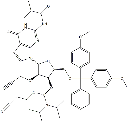 N2-iso-Butyroyl-5'-O-(4,4'-dimethoxytrityl)-2'-O-propargyl guanosine-3'-O-[(2-cyanoethyl)-(N,N-diisopropyl)]phosphoramidite Struktur