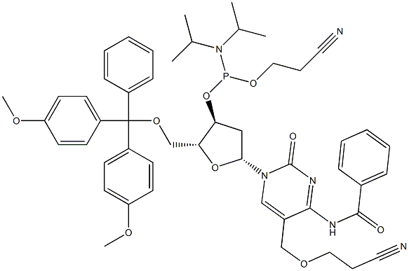 Cytidine, N-benzoyl-5'-O-[bis(4-methoxyphenyl)phenylmethyl]-5-[(2-cyanoethoxy)methyl]-2'-deoxy-, 3'-[2-cyanoethyl N,N-bis(1-methylethyl)phosphoramidite] Struktur