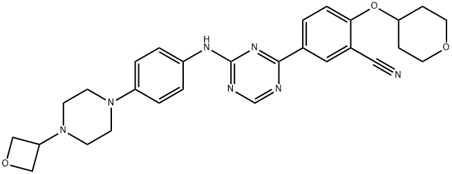 Benzonitrile, 5-[4-[[4-[4-(3-oxetanyl)-1-piperazinyl]phenyl]amino]-1,3,5-triazin-2-yl]-2-[(tetrahydro-2H-pyran-4-yl)oxy]- Struktur