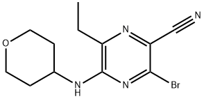 3-bromo-6-ethyl-5-((tetrahydro-2H-pyran-4-yl)amino)pyrazine-2-carbonitrile Struktur