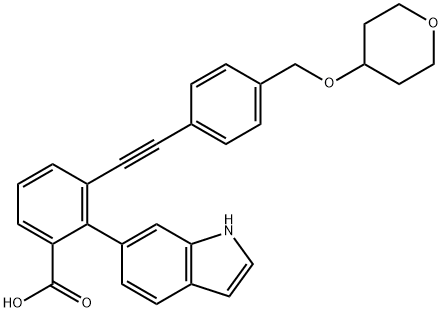 Benzoic acid, 2-(1H-indol-6-yl)-3-[2-[4-[[(tetrahydro-2H-pyran-4-yl)oxy]methyl]phenyl]ethynyl]- Struktur