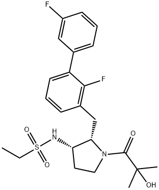 Ethanesulfonamide, N-[(2S,3S)-2-[(2,3'-difluoro[1,1'-biphenyl]-3-yl)methyl]-1-(2-hydroxy-2-methyl-1-oxopropyl)-3-pyrrolidinyl]- Struktur