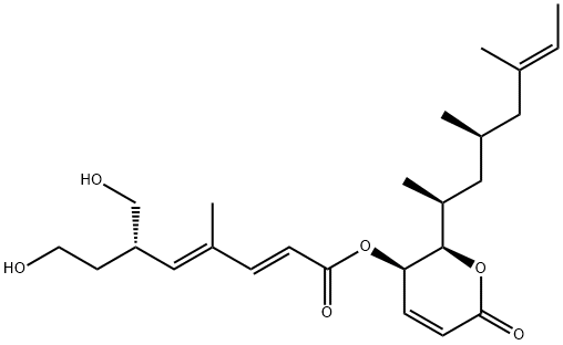 2,4-Octadienoic acid, 8-hydroxy-6-(hydroxymethyl)-4-methyl-, (2R,3R)-3,6-dihydro-6-oxo-2-[(1S,3R,5E)-1,3,5-trimethyl-5-hepten-1-yl]-2H-pyran-3-yl ester, (2E,4E,6S)- Struktur