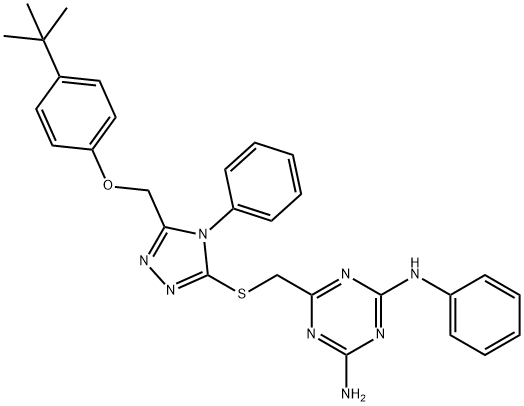 6-[[5-[(4-tert-butylphenoxy)methyl]-4-phenyl-1,2,4-triazol-3-yl]sulfanylmethyl]-2-N-phenyl-1,3,5-triazine-2,4-diamine Struktur