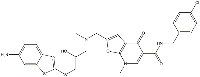 Furo[2,3-b]pyridine-5-carboxamide,  2-[[[3-[(6-amino-2-benzothiazolyl)thio]-2-hydroxypropyl]methylamino]methyl]-N-[(4-chlorophenyl)methyl]-4,7-dihydro-7- Struktur