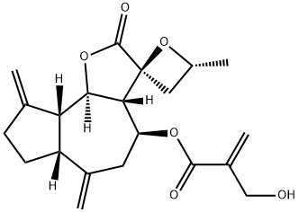 2-(Hydroxymethyl)propenoic acid (3S,4'R)-3aβ,4,5,6,6aβ,7,8,9,9aβ,9bα-decahydro-4'-methyl-6,9-bismethylene-2-oxospiro[azuleno[4,5-b]furan-3(2H),2'-oxetan]-4β-yl ester Struktur