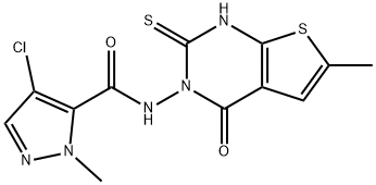 4-chloro-2-methyl-N-(6-methyl-4-oxo-2-sulfanylidene-1H-thieno[2,3-d]pyrimidin-3-yl)pyrazole-3-carboxamide Struktur