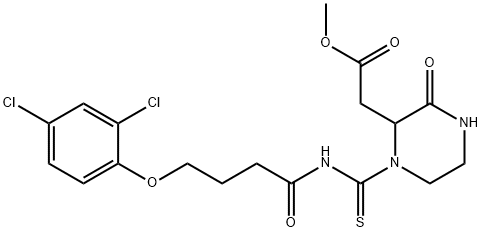 methyl 2-[1-[4-(2,4-dichlorophenoxy)butanoylcarbamothioyl]-3-oxopiperazin-2-yl]acetate Struktur