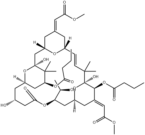 Butanoic acid, (1S,3S,5Z,7R,8E,11S,12S,13E,15S,17R,21R,23R,25S)-1,11,21-trihydroxy-17-(1R)-1-hydroxyethyl-5,13-bis(2-methoxy-2-oxoethylidene)-10,10,26,26-tetramethyl-19-oxo-18,27,28,29-tetraoxatetracyclo21.3.1.13,7.111,15nonacos-8-ene-12,25-diyl ester Struktur