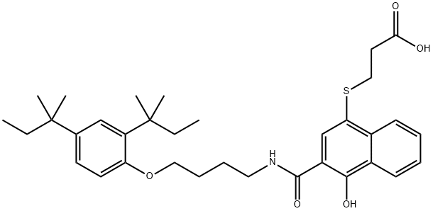 3-(3-(4-(2,4-bis(1,1-dimethylpropyl)phenoxy)butylaminocarbonyl-4-hydroxy-1-naphthalenyl)thio)propanoic acid Struktur