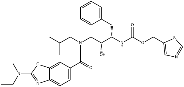 thiazol-5-ylmethyl (2S,3R)-4-(2-(ethyl(methyl)amino)-N-isobutylbenzo[d]oxazole-6-carboxamido)-3-hydroxy-1-phenylbutan-2-ylcarbamate Struktur