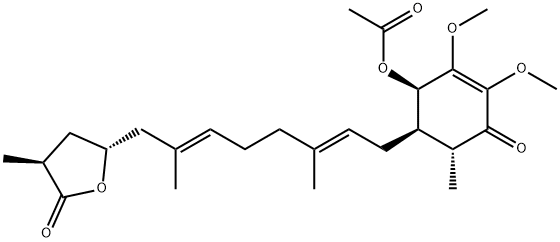 2(3H)-Furanone, 5-[(2E,6E)-8-[(1R,2R,6R)-2-(acetyloxy)-3,4-dimethoxy-6-methyl-5-oxo-3-cyclohexen-1-yl]-2,6-dimethyl-2,6-octadien-1-yl]dihydro-3-methyl-, (3S,5R)- Struktur