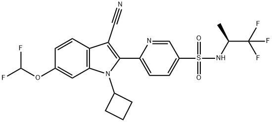 (S)-6-(3-Cyano-1-cyclobutyl-6-(difluoromethoxy)-1H-indol-2-yl)-N-(1,1,1-trifluoropropan-2-yl)pyridine-3-sulfonamide Struktur