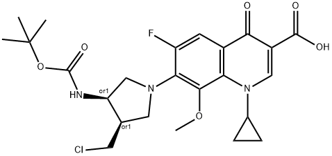 3-Quinolinecarboxylic acid, 7-[(3R,4R)-3-(chloroMethyl)-4-[[(1,1-diMethylethoxy)carbonyl]aMino]-1-pyrrolidinyl]-1-cyclopropyl-6-fluoro-1,4-dihydro-8-Methoxy-4-oxo-, rel- Struktur