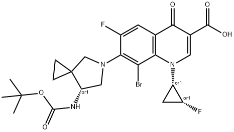 3-Quinolinecarboxylic acid, 8-broMo-7-[(7R)-7-[[(1,1-diMethylethoxy)carbonyl]aMino]-5-azaspiro[2.4]hept-5-yl]-6-fluoro-1-[(1S,2R)-2-fluorocyclopropyl]-1,4-dihydro-4-oxo-, rel- Struktur