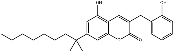 2H-1-Benzopyran-2-one, 7-(1,1-dimethyloctyl)-5-hydroxy-3-[(2-hydroxyphenyl)methyl]- Struktur