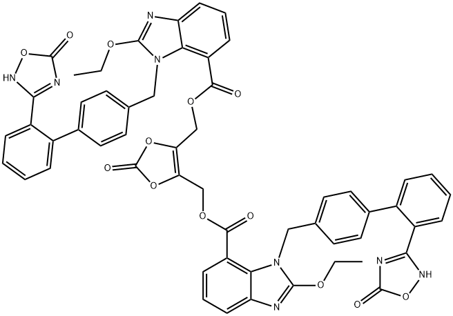 (2-Oxo-1,3-dioxole-4,5-diyl)bis(methylene) bis(2-ethoxy-1-((2''-(5-oxo-4,5-dihydro-1,2,4-oxadiazol-3-yl)-[1,1''-biphenyl]-4-yl)methyl)-1H-benzo[d]imidazole-7-carboxylate) Struktur