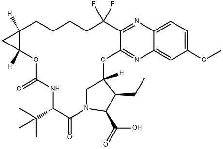 (33R,34S,35S,91R,92R,5S,E)-5-(tert-butyl)-34-ethyl-14,14-difluoro-17-methoxy-4,7-dioxo-2,8-dioxa-6-aza-1(2,3)-quinoxalina-3(3,1)-pyrrolidina-9(1,2)-cyclopropanacyclotetradecaphane-35-carboxylic acid Struktur