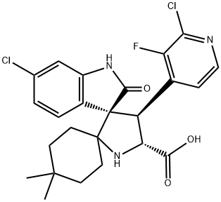 Dispiro[cyclohexane-1,2'-pyrrolidine-3',3''-[3H]indole]-5'-carboxylic acid, 6''-chloro-4'-(2-chloro-3-fluoro-4-pyridinyl)-1'',2''-dihydro-4,4-dimethyl-2''-oxo-, (3'R,4'S,5'R)- Struktur