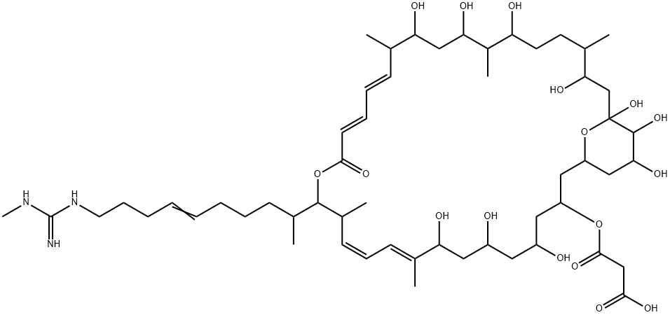 Propanedioic acid, mono[5,7,9,23,25,27,31,33,34,35-decahydroxy-15-[9-[[imino(methylamino)methyl]amino]-1-methyl-5-nonenyl]-10,14,22,26,30-pentamethyl-17-oxo-16,37-dioxabicyclo[31.3.1]heptatriaconta-10,12,18,20-tetraen-3-yl] ester (9CI) Struktur