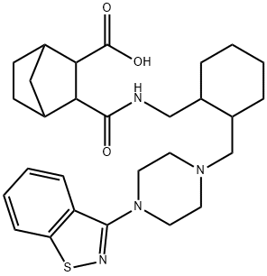 (1S,4R)-3-((((1R,2R)-2-((4-(1-oxidobenzo[d]isothiazol-3-yl) piperazin-1-yl)methyl)cyclohexyl)methyl)carbamoyl)bicycle [2.2.1]heptane-2-carboxylic acid Struktur