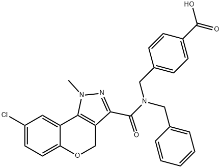 4-((N-benzyl-8-chloro-1-methyl-1,4-dihydrochromeno[4,3-c]pyrazole-3-carboxamido)methyl)benzoicacid Struktur