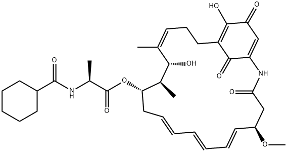 L-Alanine, N-(cyclohexylcarbonyl)-, (5R,6E,8E,10E,13S,14R,15R,16Z)-15,21-dihydroxy-5-methoxy-14,16-dimethyl-3,22,24-trioxo-2-azabicyclo[18.3.1]tetracosa-6,8,10,16,20,23-hexaen-13-yl ester Struktur