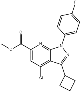 1H-Pyrazolo[3,4-b]pyridine-6-carboxylic acid, 4-chloro-3-cyclobutyl-1-(4-fluorophenyl)-, methyl ester Struktur