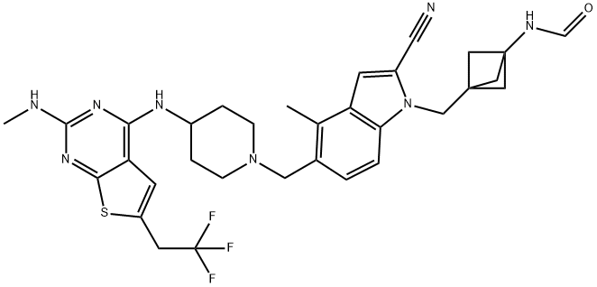 Formamide, N-[3-[[2-cyano-4-methyl-5-[[4-[[2-(methylamino)-6-(2,2,2-trifluoroethyl)thieno[2,3-d]pyrimidin-4-yl]amino]-1-piperidinyl]methyl]-1H-indol-1-yl]methyl]bicyclo[1.1.1]pent-1-yl]- Struktur