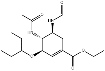 1-Cyclohexene-1-carboxylic acid, 4-(acetylamino)-3-(1-ethylpropoxy)-5-(formylamino)-, ethyl ester, (3R,4R,5S)- Struktur