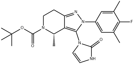 5H-Pyrazolo[4,3-c]pyridine-5-carboxylic acid, 3-(2,3-dihydro-2-oxo-1H-imidazol-1-yl)-2-(4-fluoro-3,5-dimethylphenyl)-2,4,6,7-tetrahydro-4-methyl-, 1,1-dimethylethyl ester, (4S)- Struktur